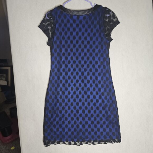 Enfocus Studio Blue Dress Women Size 12 Black Polka Dot Mesh Layer w Pockets - Picture 2 of 10